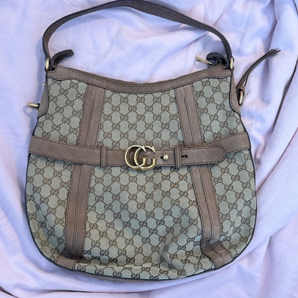 Gucci GG Monogram Canvas Leather Belted Hobo Bag Taupe Gold 247279
